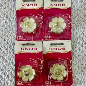 Metal Cabinet Knobs White Gold Tone Flowers Enamel Lot of 4 NOS VTG Hardware